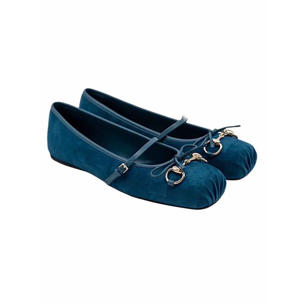 Gucci Kid Scamosciato Horsebit Mary Jane Flats Deep Acqua Size 38 - Picture 3 of 15